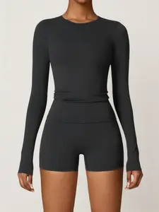 Two-Piece Set Women's Solid Long Sleeve Tee & High Waist Shorts Tracksuit Set, Sporty Round Neck Top & Skinny Shorts, Ladies Sportswear for Indoor Outdoor Wear