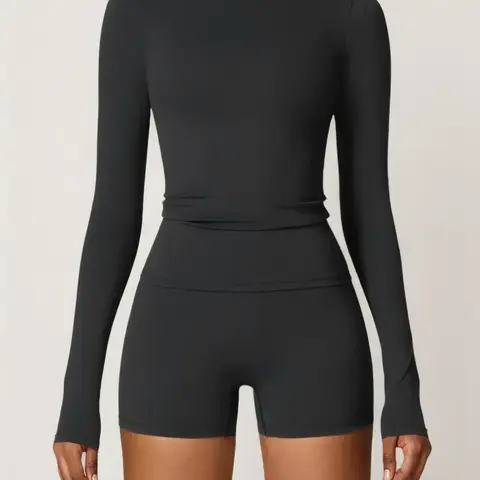 Two-Piece Set Women's Solid Long Sleeve Tee & High Waist Shorts Tracksuit Set, Sporty Round Neck Top & Skinny Shorts, Ladies Sportswear for Indoor Outdoor Wear