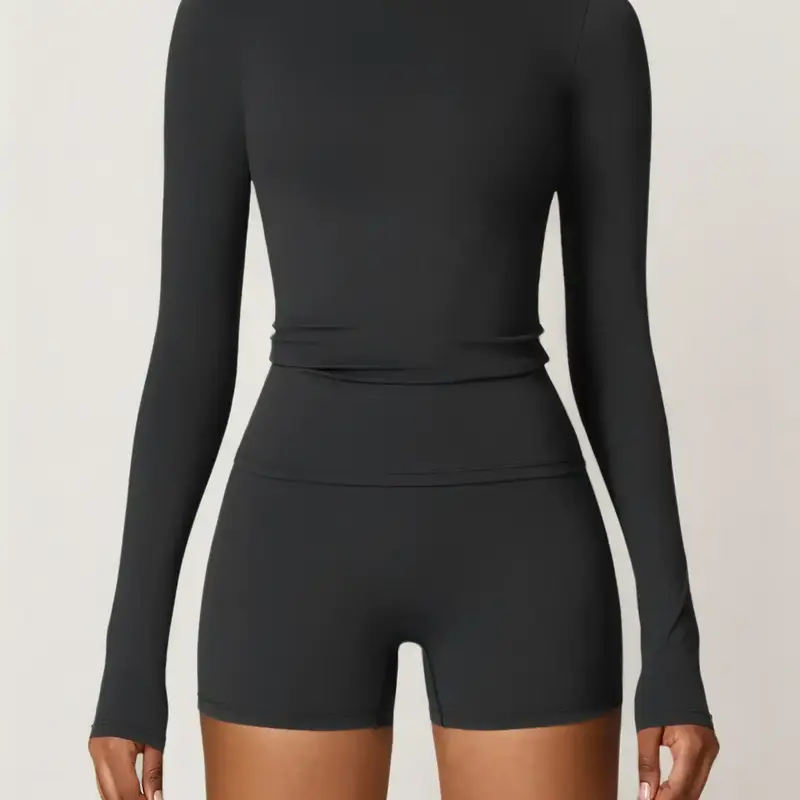 Two-Piece Set Women's Solid Long Sleeve Tee & High Waist Shorts Tracksuit Set, Sporty Round Neck Top & Skinny Shorts, Ladies Sportswear for Indoor Outdoor Wear
