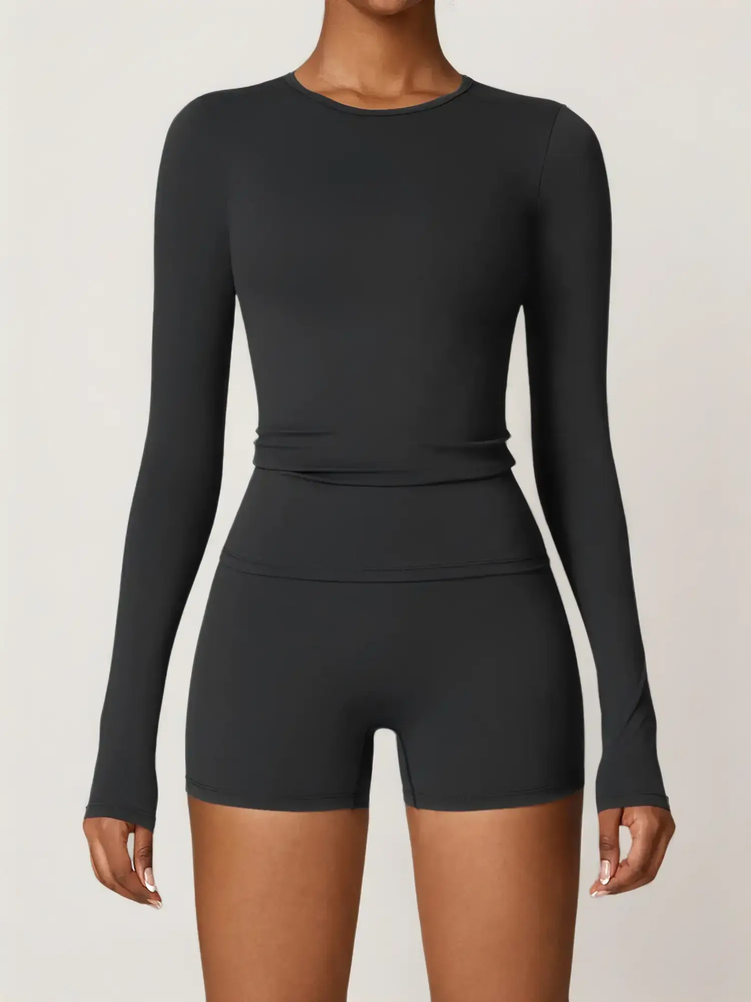 Two-Piece Set Women's Solid Long Sleeve Tee & High Waist Shorts Tracksuit Set, Sporty Round Neck Top & Skinny Shorts, Ladies Sportswear for Indoor Out