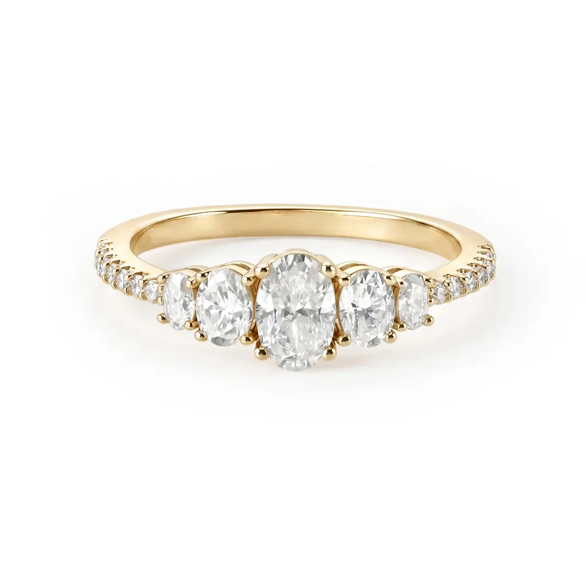 Artificial Gemstone Gold-Tone 5-Oval Statement Ring, Graduated Faceted Clear Accents, Detailed Band