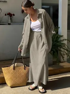Elegant Women's Solid Color Shirt and High Waist Skirt 2 Piece Set, Fashionable Long Sleeve Casual Blouse Top, Soft Comfortable for Women Outfit