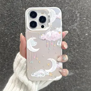 Moon and Clouds Pattern Shockproof Phone Case for iPhone 7 8 X XR 11 12 13 14 15 16 17 Pro Max Plus AirSamsung Galaxy 21 22 23 24 25 ULTRA FE Plus A Model series Trendy Drop Protection Cover Girl Women Stylish