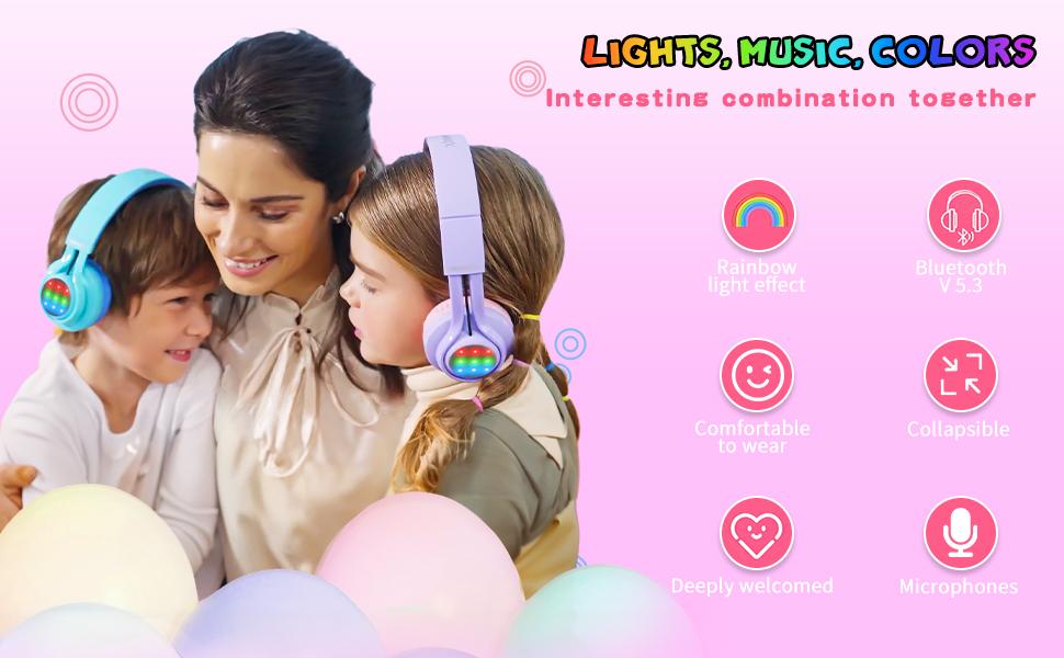 WT-7S Kids Bluetooth Headphones Light Up, Foldable Stero Wireless Headset,with Microphone and Volume Control,Comfortable and Durable,for PC/Tablet/TV/Travel(Purple)