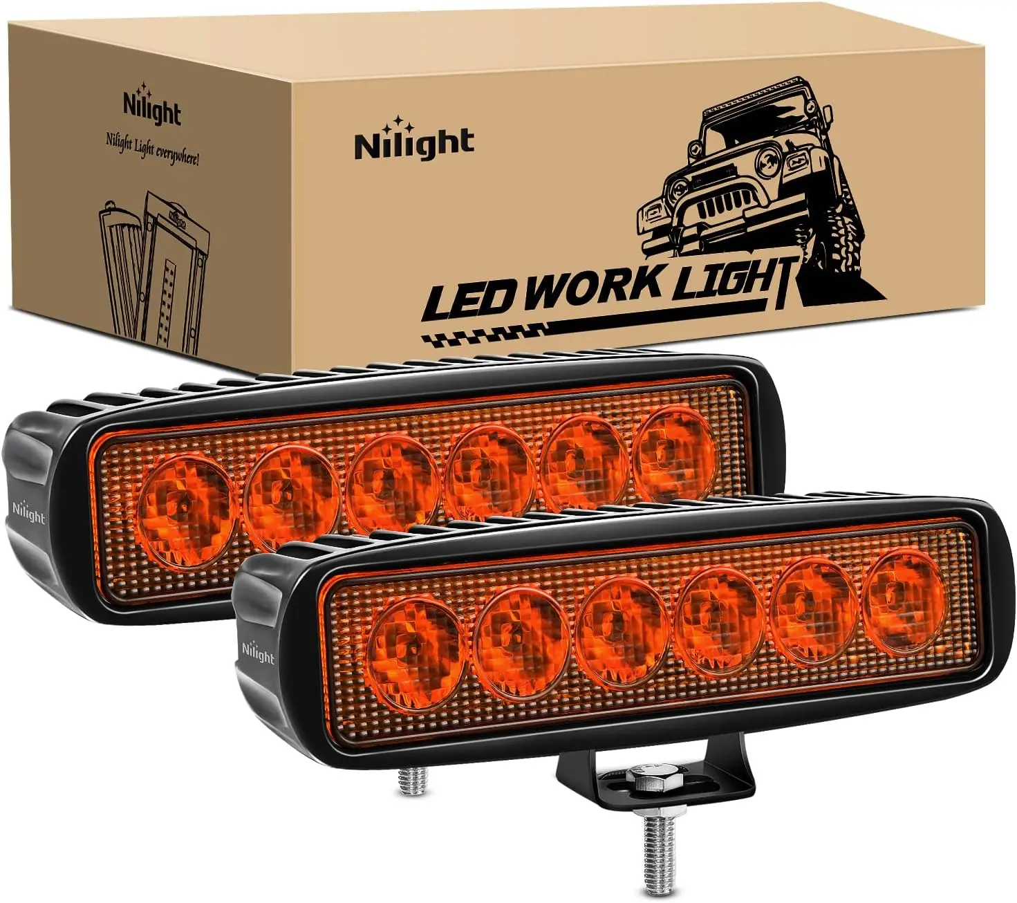 Nilight 2PCS 6-in Amber LED Light Bar - 18W Single Row Spot LED Work Light, Off-Road Accessory for Trucks, SUVs