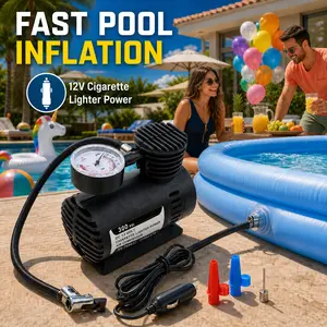 Portable Air Pump for Pool Floats, 12V Car Inflator with Pressure Gauge, 3 Nozzles for Swim Rings, Balls & Summer Party Inflatables