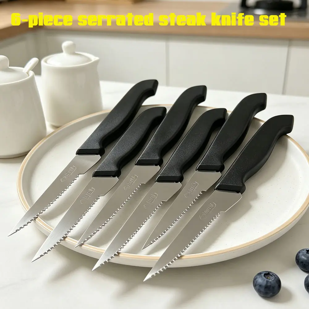 6-piece serrated steak knife set, non slip handle, stainless steel sharp blades, household dining utensils, restaurant grade knives, household knives, meat and vegetable utensils, kitchen knife set, is the preferred gift for men and women