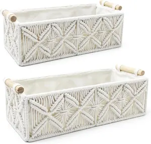 Macrame Storage Baskets, Boho Decor Style Woven Storage Boxes for Home Organization, Toilet Tank Shelf Cabinet Organizer Baskets,Set of 2 - White