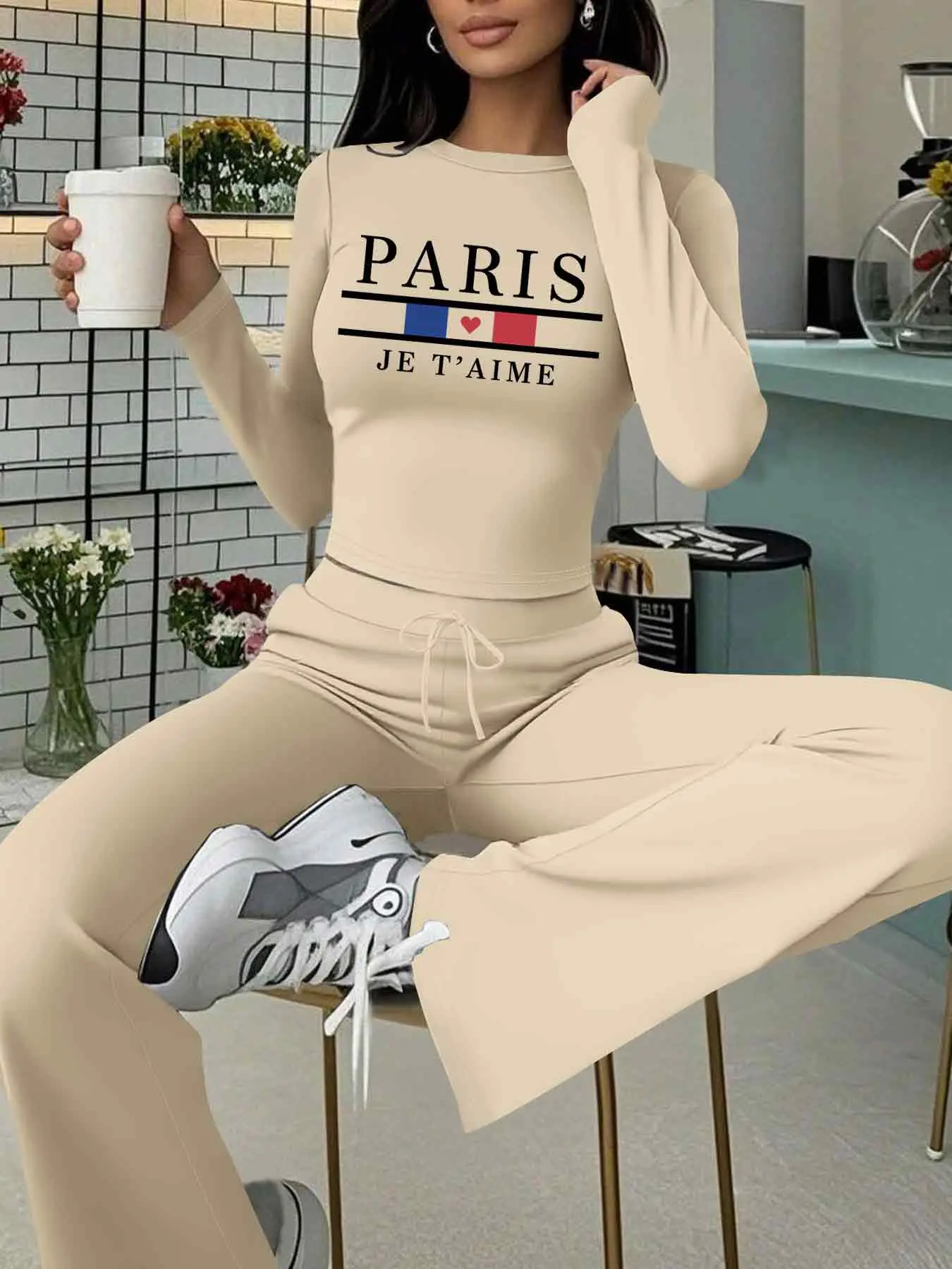 Women's Casual Slim-Fit Long Sleeve Top & Wide Leg Pants Set, Paris Je T'aime Print, Spring & Fall Fashion, 2 Piece