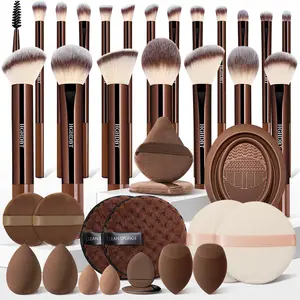 37Pcs Facial Makeup Tools Set, 20Pcs Brown Premium Synthetic Makeup Brushes Set with Makeup Sponges Set, Cleaning Tools, Makeup Puffs, Professional Make up Brushes Set, Travel Makeup Tools for Women and Girls