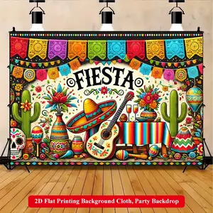 2D Flat Printing Backdrop Banner 1pc, Party Decoration Supplies, Mexican Celebration With Colorful Decorations Background Cloth, Multi-Size Polyester Wall Decor Suitable for Home & Office, Outdoor Parties and Holiday Gifts