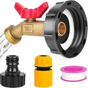 IBC Tote Adapter 275-330 Gallon IBC Tote to Garden Hose Adapter 2.36” Coarse Thread IBC Tote Fitting Water Tank Adapter with Lead-Free Brass Hose Faucet Water Shut-Off Valve, Quick Connector