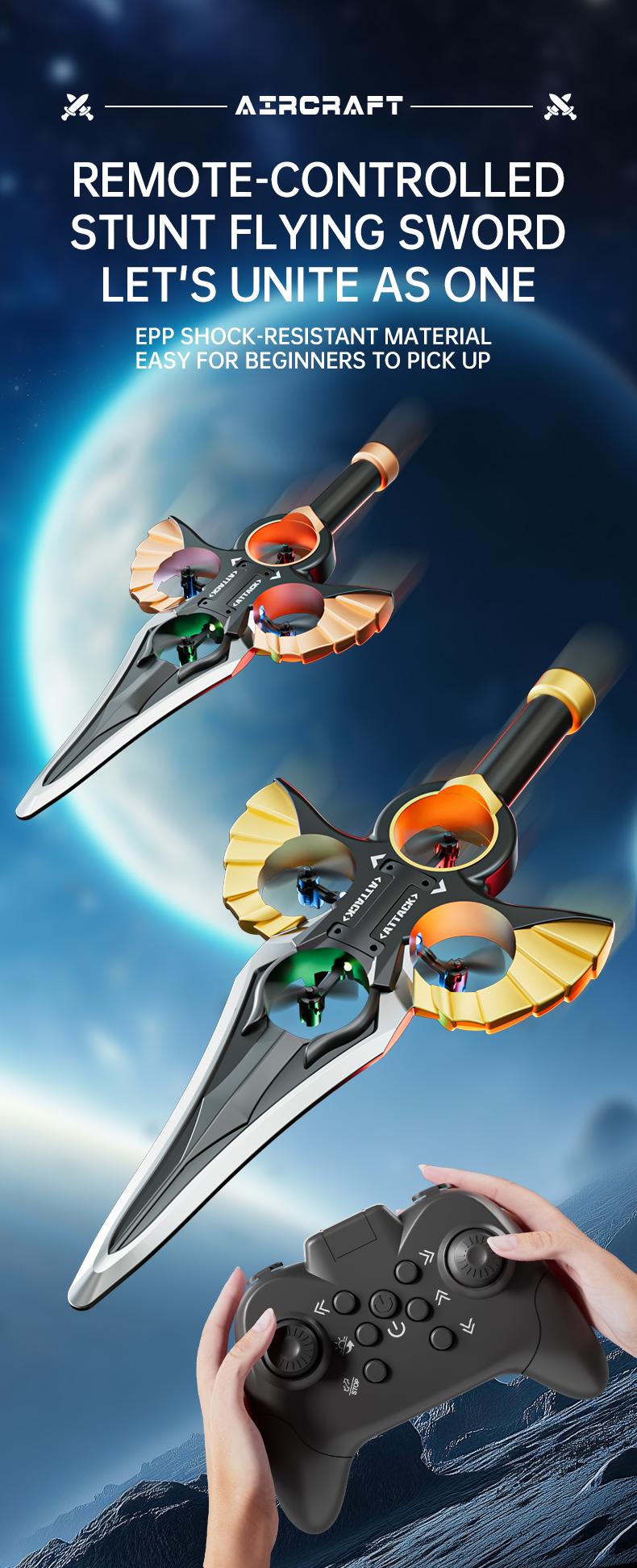 Flying Sword Drone Children's Toy- 2.4GRemote Control Foam Model AirplaneSwordhilt Design with One-Button Rotation &Barometric Lift Christmas