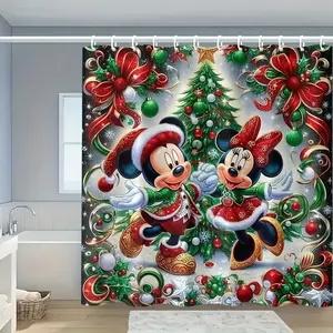 DISNEY CLASSIC Mickey & Minnie Mouse Christmas Shower Curtain - Festive Holiday Design with Santa Hats, Machine Washable, Includes Hooks, Easy to Install, Perfect for Home Bathroom Decor, Christmas Bathroom Decor, waterproof