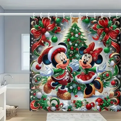DISNEY CLASSIC Mickey & Minnie Mouse Christmas Shower Curtain - Festive Holiday Design with Santa Hats, Machine Washable, Includes Hooks, Easy to Install, Perfect for Home Bathroom Decor, Christmas Bathroom Decor, waterproof