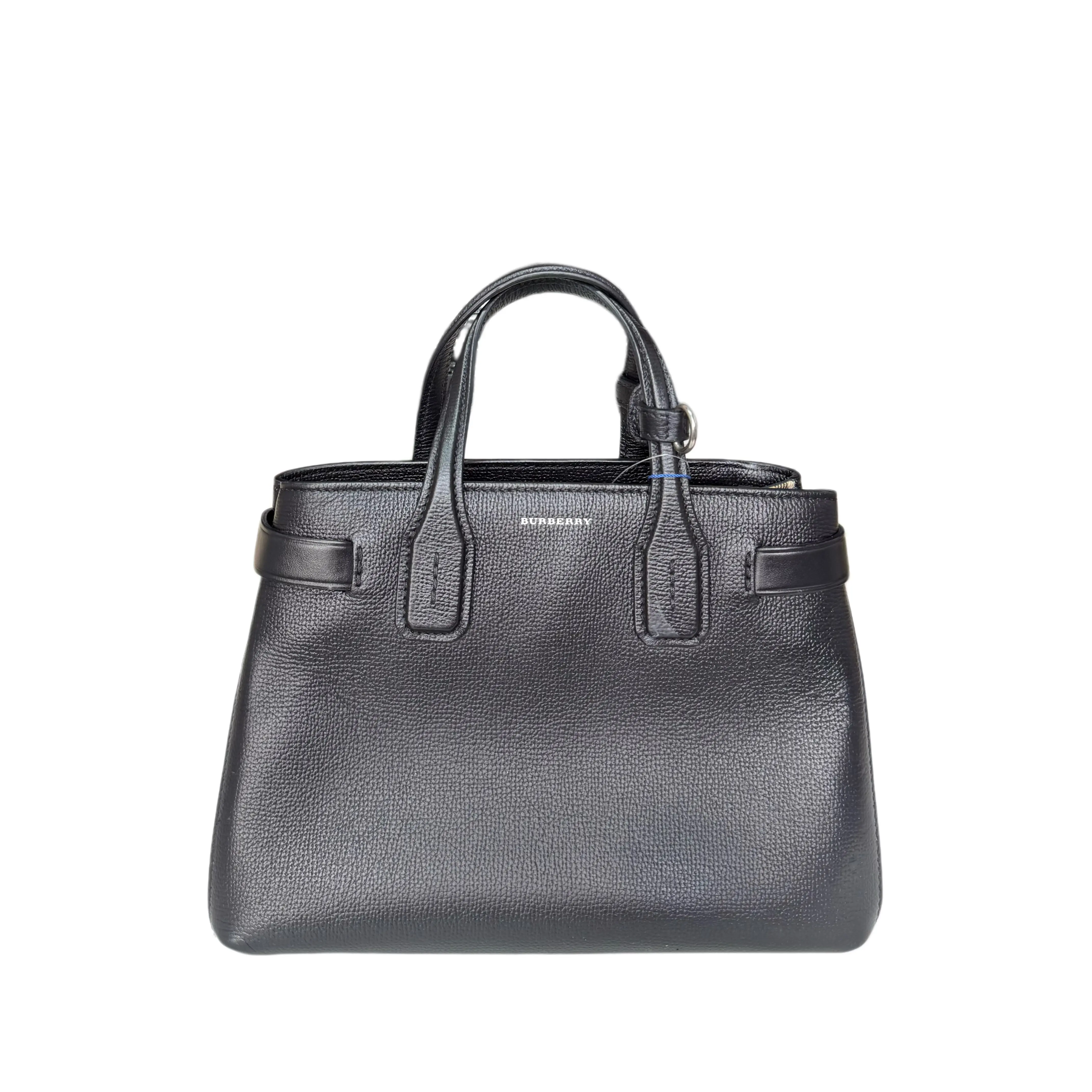 Pre-owned BURBERRY . Tote Bags Small Banner Tote Bag Black Pebbled Grain Leather Silver Embossed Letter Logo Double Top Handle Detachable Crossbody Strap