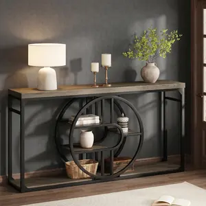 55" Industrial Entryway Table, 5-Tier Narrow Console Table with o-Shaped Metal Frame, Storage Sofa Table for Living Room, Hallway & Entrance,Grey/Brown
