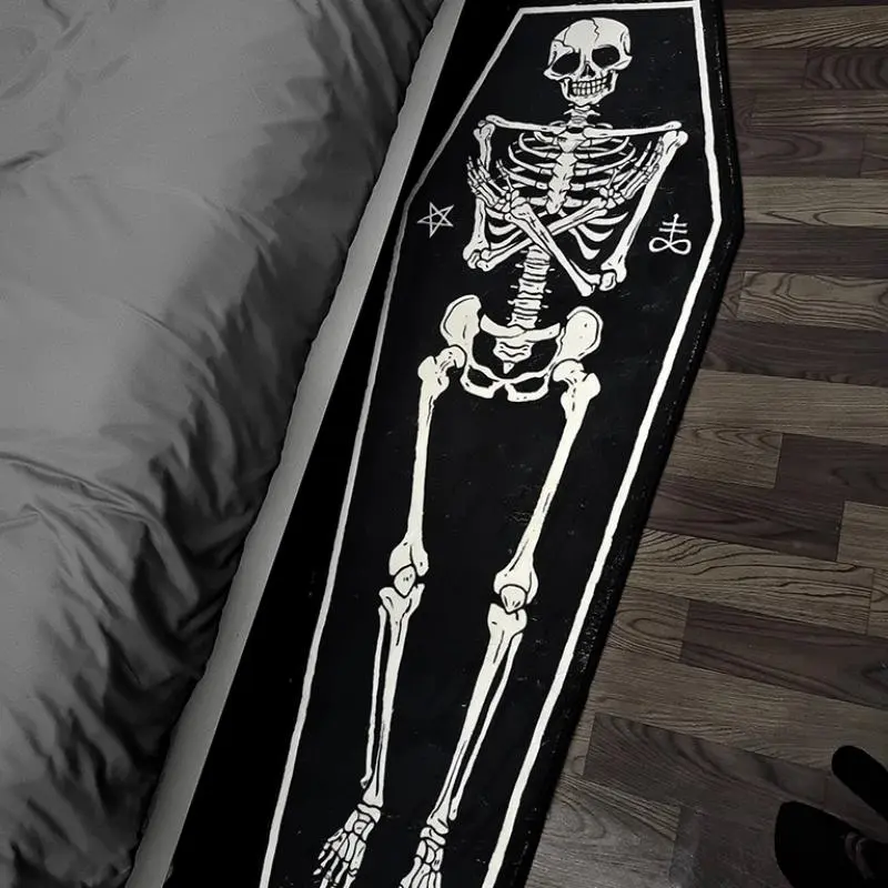 Punk Coffin-shaped Skull Pattern Floor Mat, Non-slip Washable Floor Carpet, Decorative Rug for Home Living Room Bedroom, Home Decor, Halloween