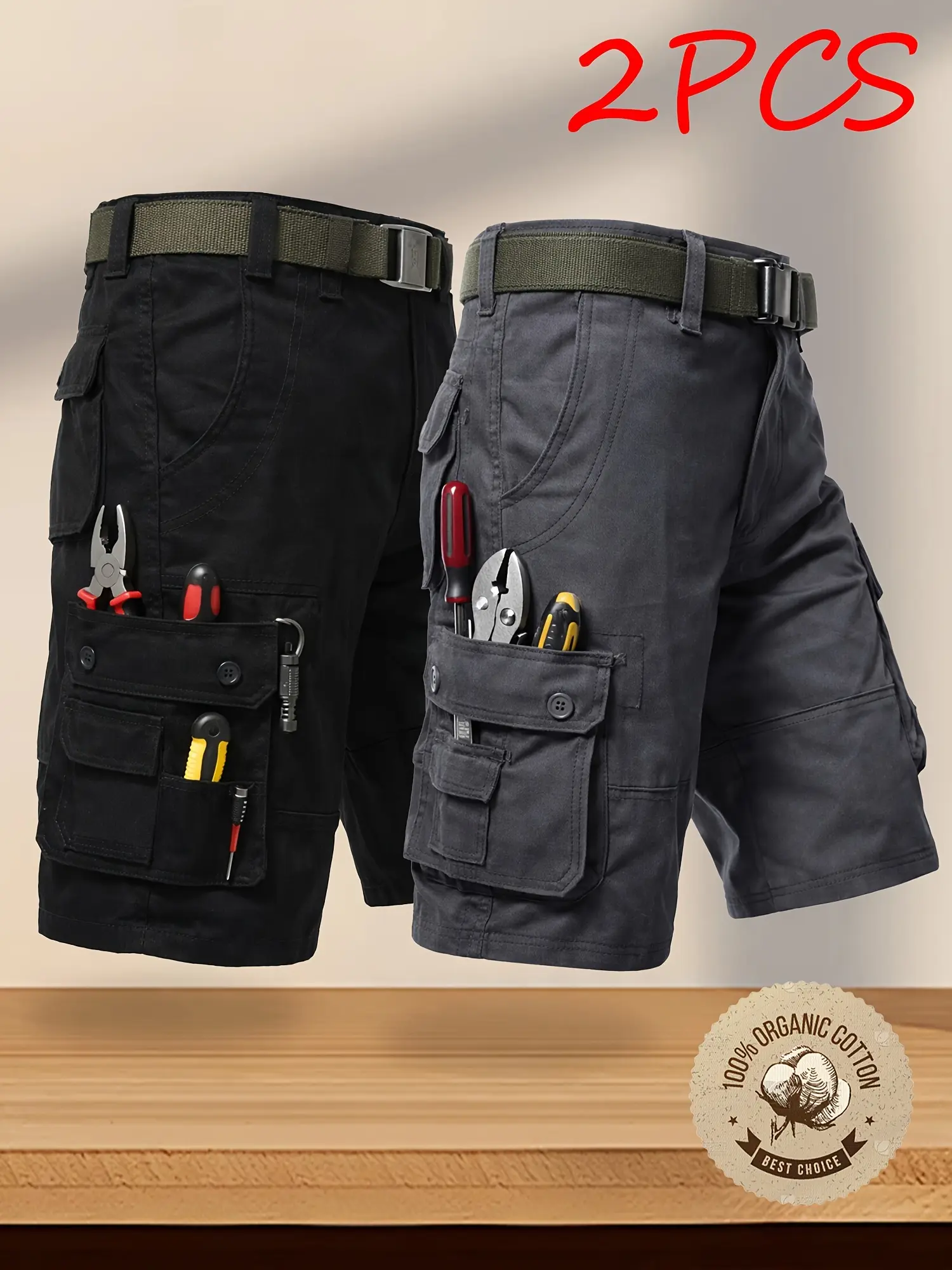 2 pack men’s new cargo shorts with multiple pockets, made from skin friendly, breathable fabric; suitable for running, travel, and hiking; wrinkle resistant, wear resistant, durable shorts.