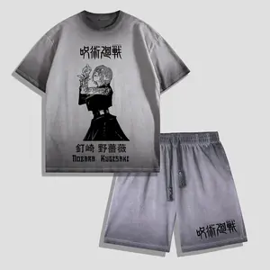 Grunge Jujutsu Kaisen Dirty Wash Grey Matching Set Short Sleeve & Shorts Outfit