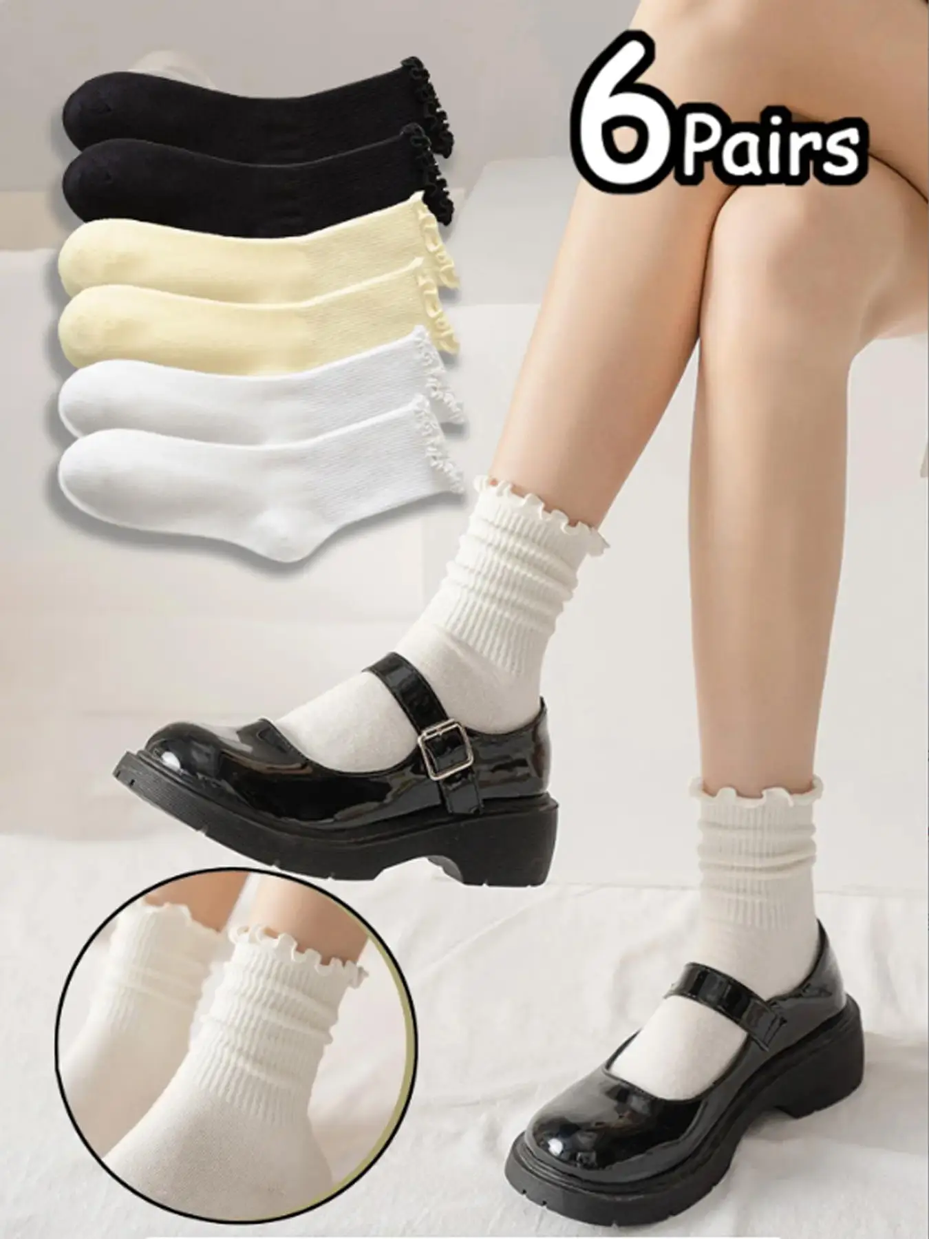 Women's 6 Pairs Frill Trim Crew Socks, Casual Soft Comfy Breathable Clothes for Women, Multi-pack Plain Socks for Daily Wear, Womenswear