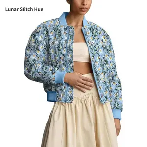 Danming Women's Embroidered Daisy Short Bomber Jacket with Quilted Padded Sleeves and Two Side Pockets Casual Spring Coat