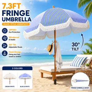 【HOMEDEMO SummerVibes】7.3FT Fringe Beach Umbrella with Tilt & Hanging Hooks, UPF50+ Sun Protection, Windproof Patio Umbrella for Beach Backyard Poolside