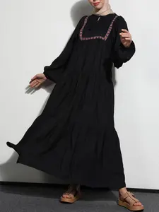 Women's Embroidery Ruffle Hem Arabian Dress, Modest Bishop Sleeve Tie Neck Long Dress for Daily Wear, Ladies Islamic Clothing for All Seasons, Islamic Muslim Clothing