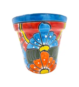 Mexican Talavera Hand Painted Planter Pot (Maceta Ranchera #18) - Traditional Ceramic Garden & Home Décor - Light Blue Trim
