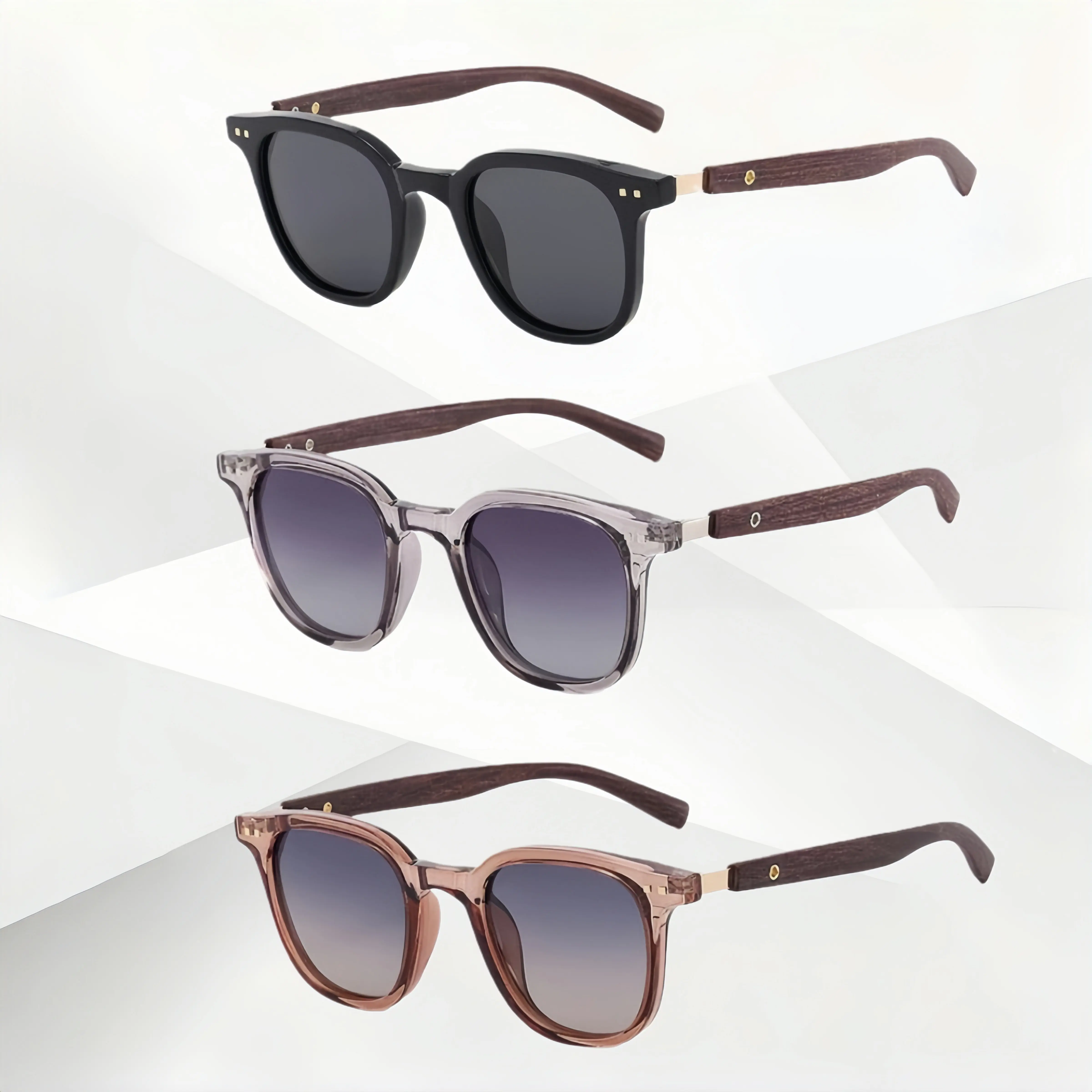 Female 3pcs Classic Sunglasses - Dark Brown Retro Wood-Leg Square Polycarbonate UV400 UV Protection Lens Plastic Eyewear, Flattering for Round Faces, Festival Party Accessory, Vintage Trendy Female Sunglasses, Classic Sun Glasses