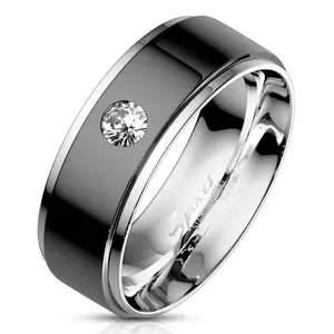Lanyjewelry Men's 8mm Hypoallergenic Stainless Steel Wedding Ring - Bezel-Set CZ, Black IP Center, Stepped Edges