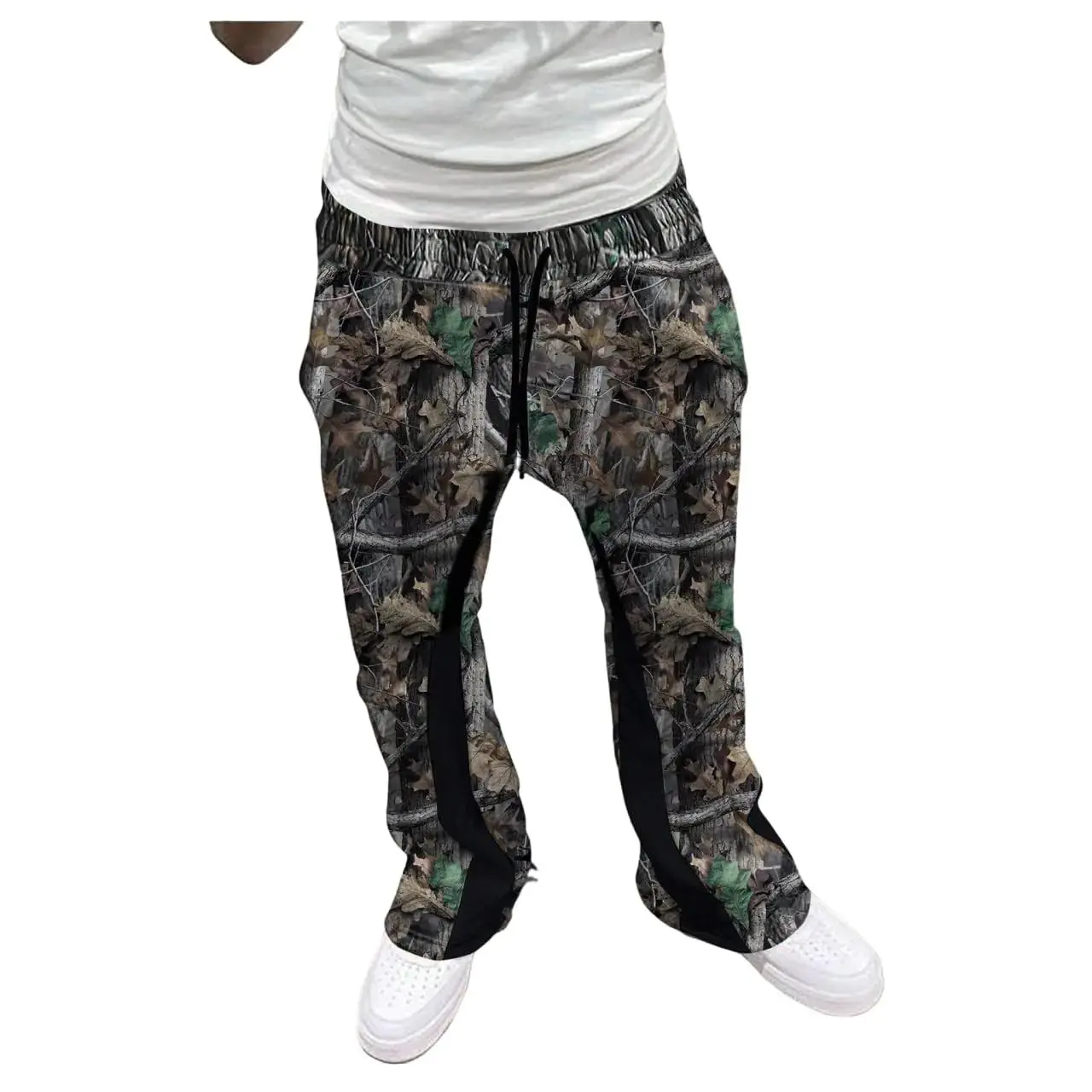 GORGLITTER Mens Camo Sweatpants Drawstring Waist Patchwork Stacked Flared Joggers Camo Medium