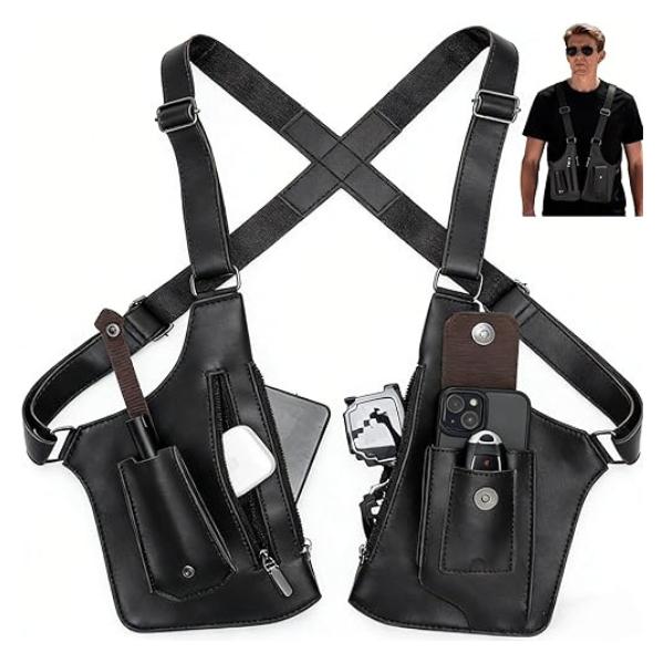 Double Shoulder Armpit Bag for Men, Fashion Leather Double Shoulder Straps Holster Wallet Adjustable Oxford Cloth Underarm