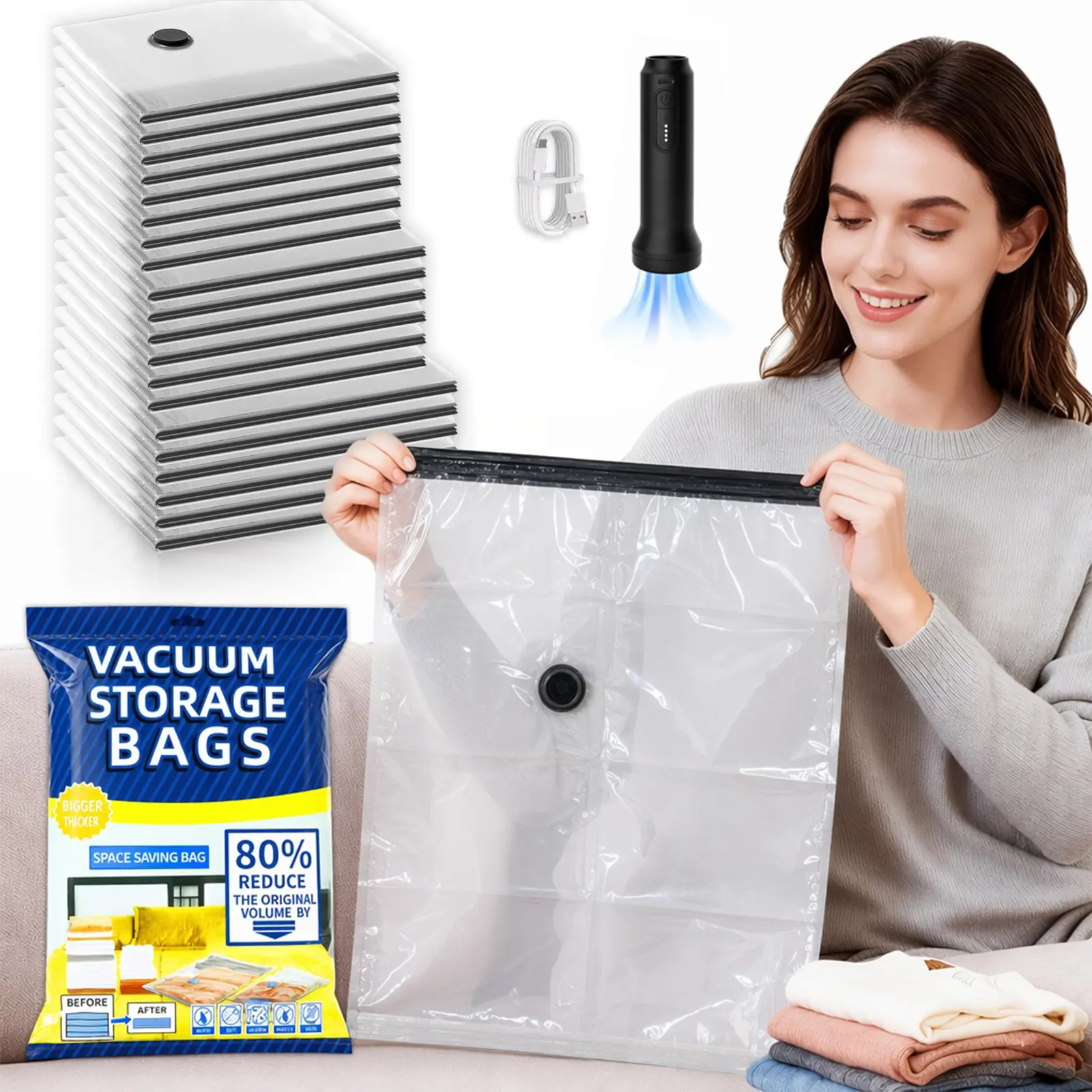 24 Pack Vacuum Storage Bags Compression Bags Cordless Travel Space Saver Waterproof Reusable Clothes Storage Bags With Portable Electric Pump 3 Sizes Thick PA PE Double Zipper Save 80% Space For Luggage Suitcase Comforters Blankets