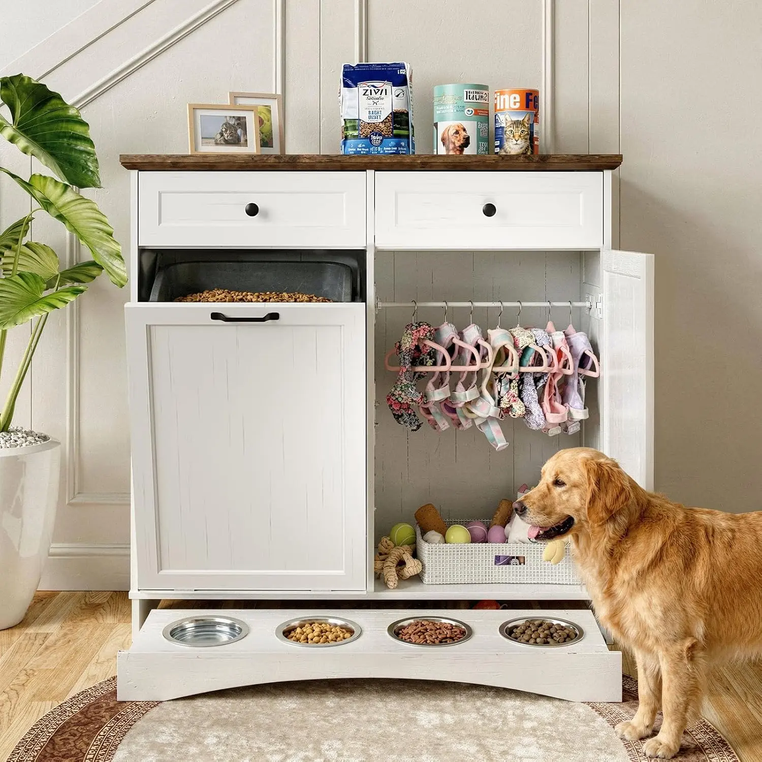 39.7’’W Dual Doors Dog Food Storage Cabinet, Tilt-Out Dog Feeding Station with 4 Feeding Bowls, Pet Feeder Cabinet, White Grain