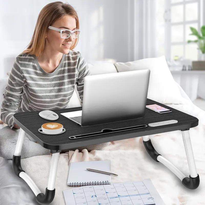 Laptop Bed Desk, Portable Foldable Laptop Table with 4 USB Ports, Storage Drawer & Cup Holder, Multifunctional Lap Desk Tray for Working, Reading & Eating in Bed & Couch