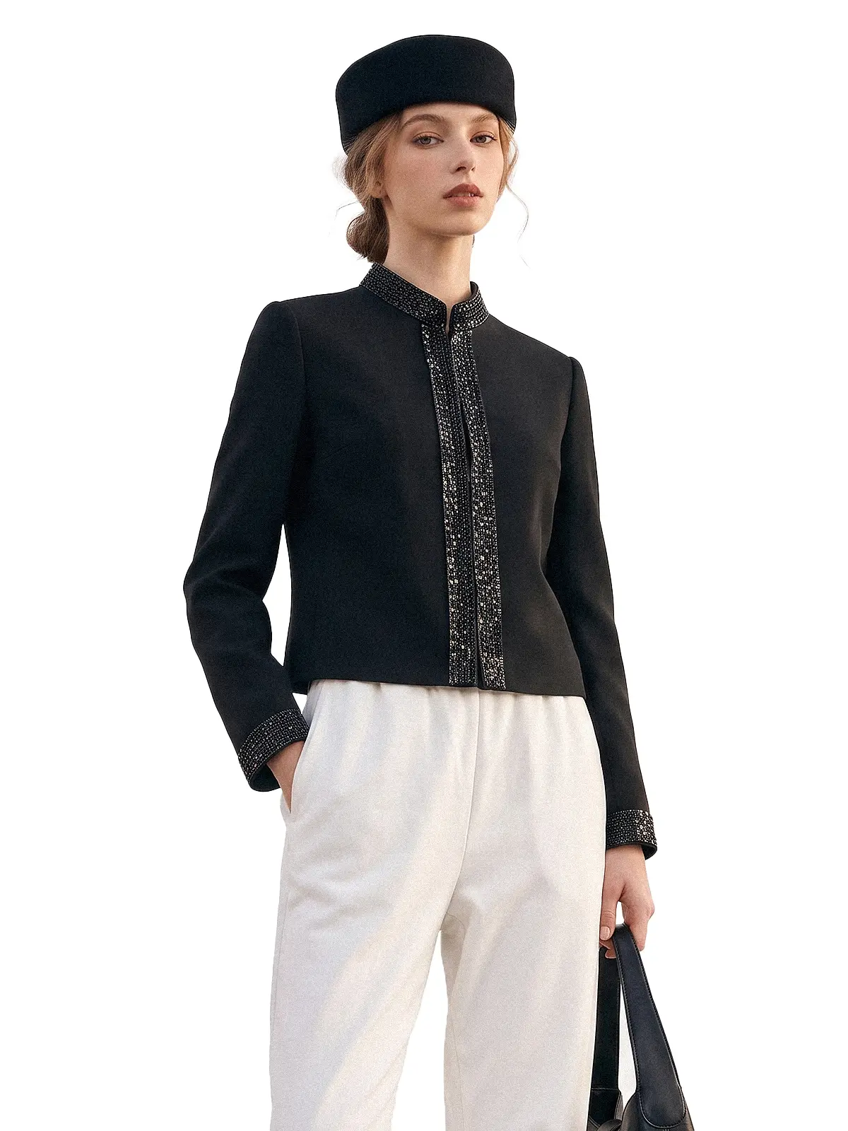 Women's New Chinese Style Mandarin Collar Cropped Jacket, Black Elegant Long Sleeve Jacket with Subtle Sequin Trim, Evening Party Formal Outerwear