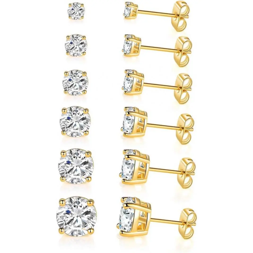 GEMSME 6 Pairs Round Cut Clear Cubic Zirconia Stud Earring Pack-Round Earrings Gift Set/women/men's earrings