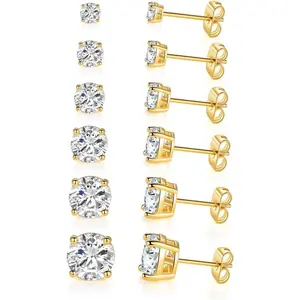 GEMSME 6 Pairs Round Cut Clear Cubic Zirconia Stud Earring Pack-Round Earrings Gift Set/women/men's earrings
