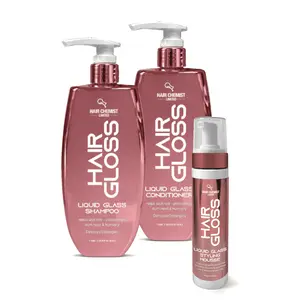 Hair Chemist Hair Gloss Liquid Glass 3-PC Volumize & Curl Set - 33.8oz Shampoo, 33.8oz Conditioner & 8oz Mousse for High-Gloss Shine & Frizz Control