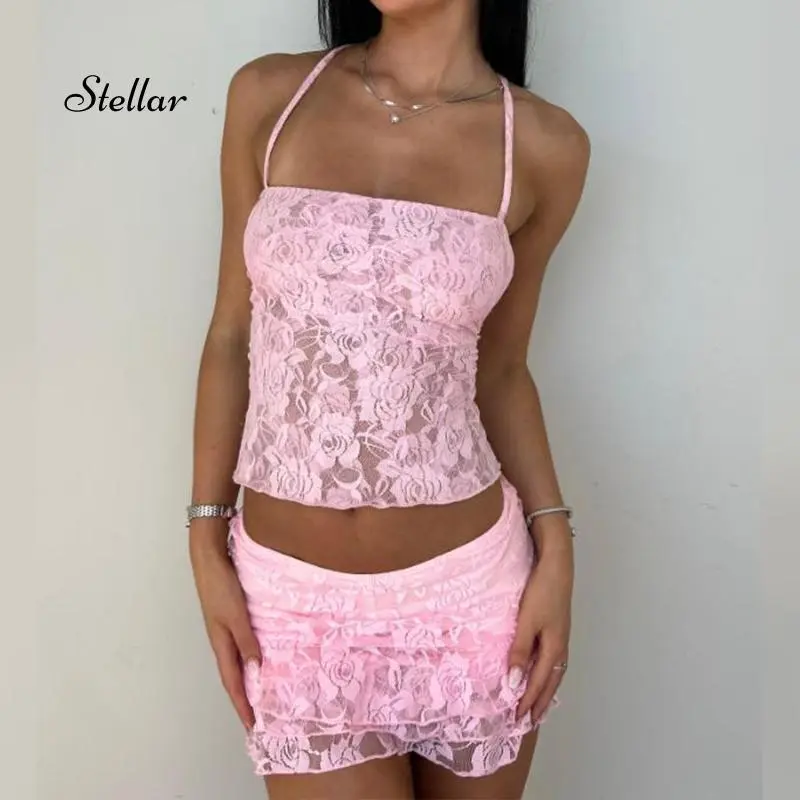 Women's 2-Piece Skirt Set in Floral Lace, Sexy Tie Back Crop Top and Low Rise Mini Skirt Party Outfit, Women's 2 Piece Set, M, Lace Flower Detail, Club Night Two Piece Set