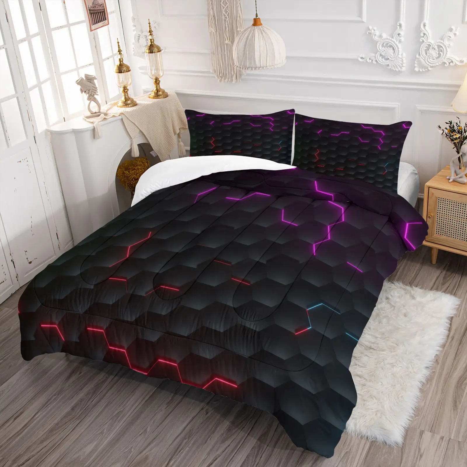 2/3pcs Honeycomb Pattern Quilt Set, Modern Geometric Design Bedding, Home Decor, Comfortable Bedroom Aesthetic, Easy to Clean