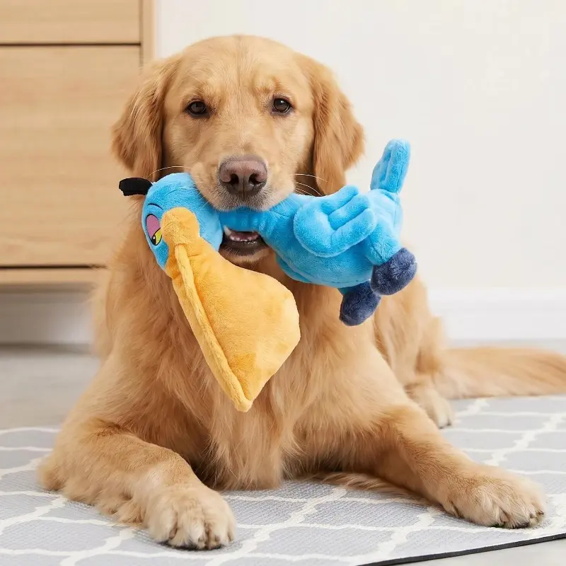 Double Layer Tear Resistant Squeaky Pelican Dog Toy, Soft Blue Plush Stuffed Bird Pet Chew Toy, Durable Interactive Squeaking Toy for All Breed Dogs