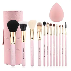 Z'OREYA Makeup Brush Set 12Pcs Pink Synthetic Makeup Brushes Travel Set with Holder Makeup Brush Organizer Foundation Powder Contour Blush Eye Cosmetic Brush Sets in Case with Bonus Gift Makeup Sponge Z'OREYA