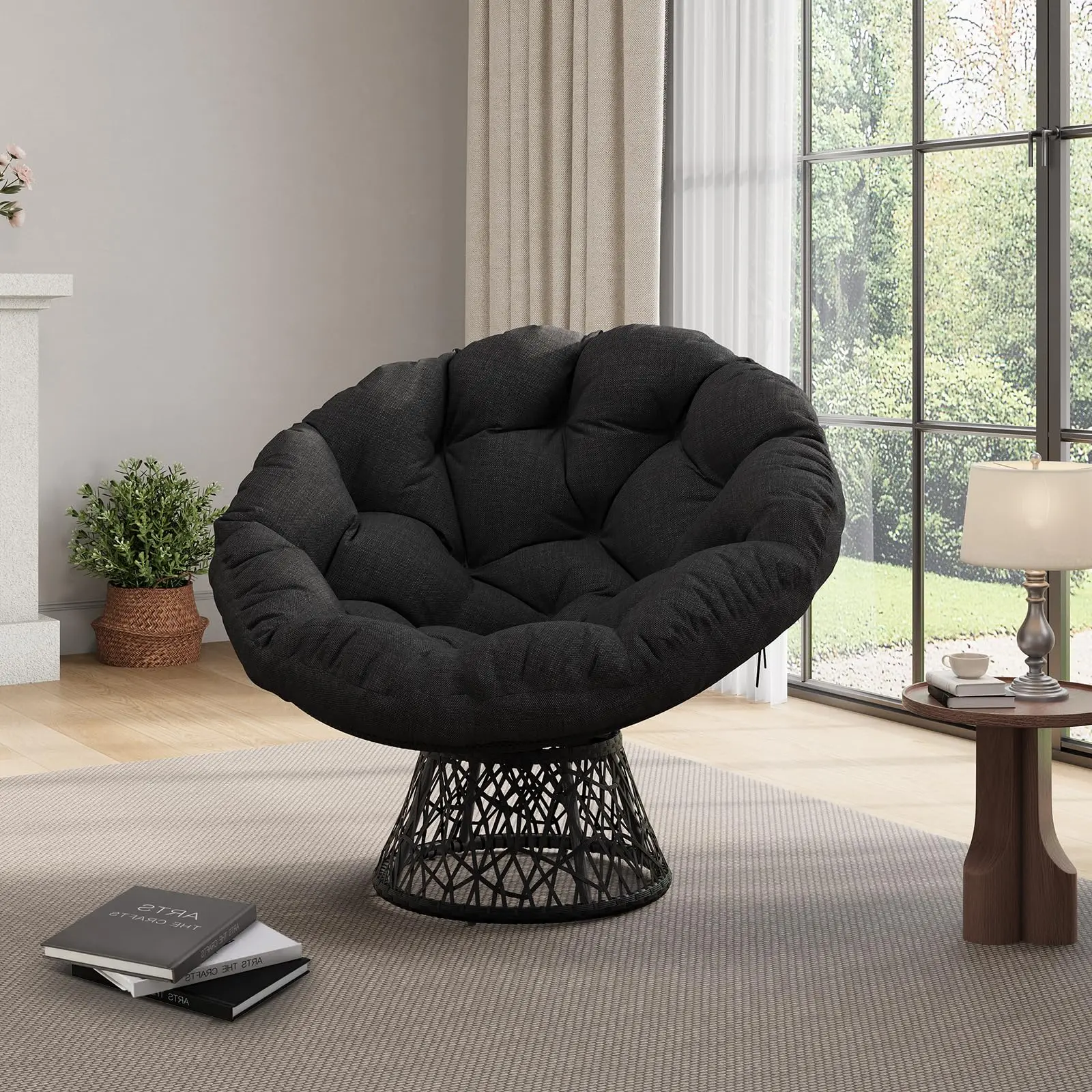 Oversized Papasan Chair with Ottoman – Handwoven Rattan, Thick Cushion, Sturdy Metal Frame, 360° Swivel and Rocking – Quick-Dry Comfort for Patio, Balcony, Bedroom, Porch, Backyard, Lounge