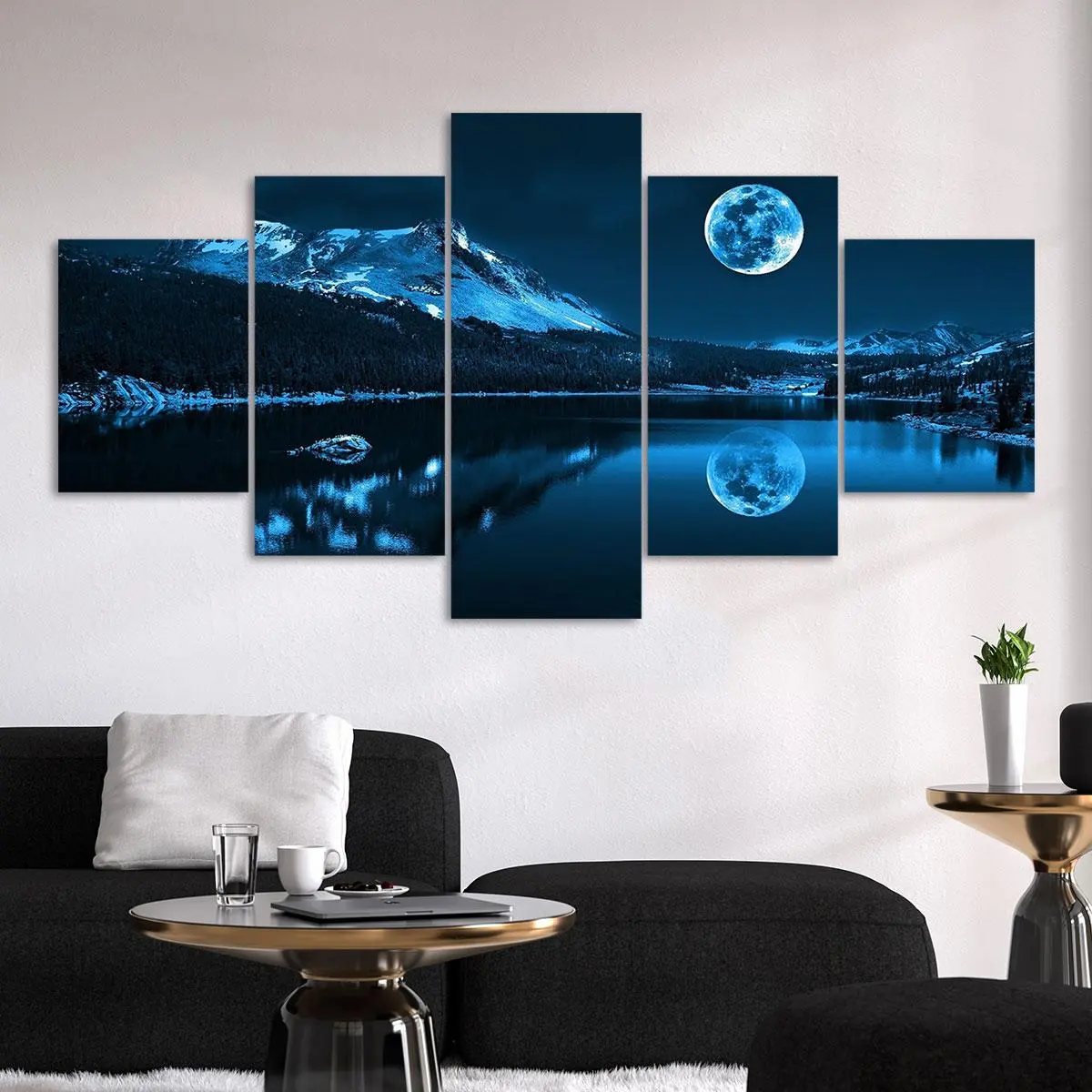 Moon & Mountain Pattern Canvas Unframed Painting, Modern Art Design, 5 Counts/set Nature Scenery Moonlight Canvas Poster, Wall Art Decor for Home Living Room Bedroom Office, Decorative Artwork, Ornaments, Unframed Art Print