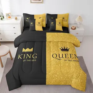 Feelyou 7-Piece Golden Black Crown Microfiber Bedding Set - Breathable Microfiber Cloth, King and Queen Size Options, Ideal for Couples