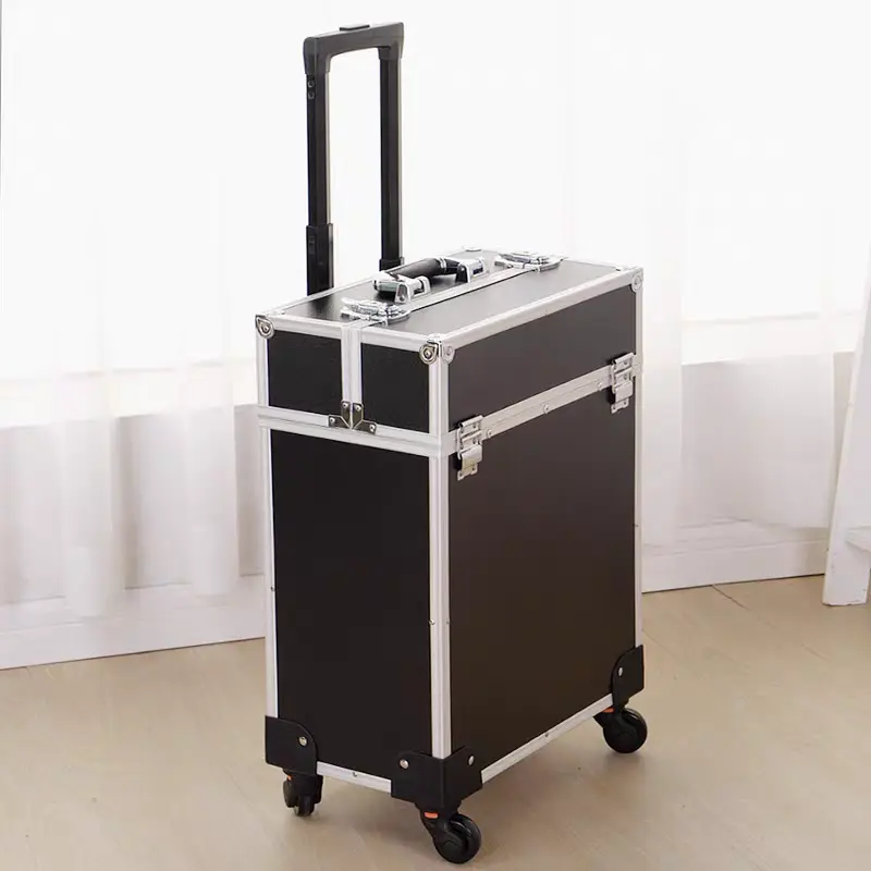 CNCEST Professional Frosted Rolling Makeup Train Case - Aluminum & ABS Makeup Box for Business Artists, Portable Vanity Organization Storage with 4 Trays, Swivel Wheels, Key Lock, Buckle, Silent Universal Wheels, Installation-Free Cosmetic Tools Organizer