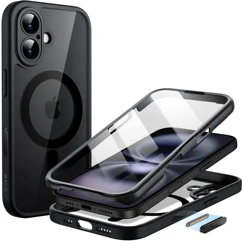 JETech 360-Degree Solid Full Body Plastic Cover for iPhone 16 Series - MagSafe Compatible with MagSafe, Built-in Tempered Glass Screen Protector, Camera Ctrl Button Accessory