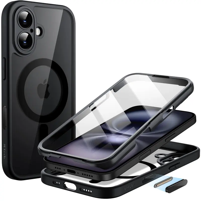 JETech 360-Degree Solid Full Body Plastic Cover for iPhone 16 Series - MagSafe Compatible with MagSafe, Built-in Tempered Glass Screen Protector, Camera Ctrl Button Accessory